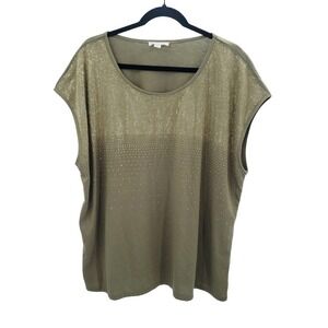 Dress Barn Studded Knit Top Womens Plus Size 3x Green Gold Metallic Cap Sleeve